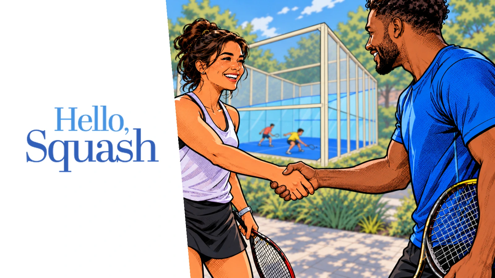 A woman and man greet one another beside an outdoor squash court, with two players in the background