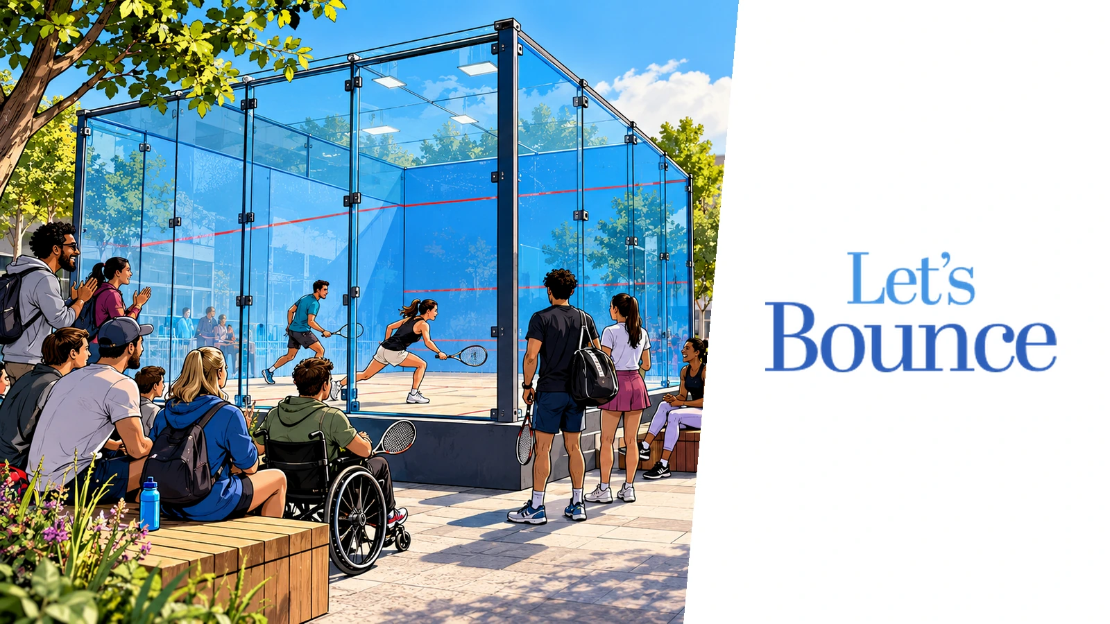 An outdoor squash court in a busy city square, with players and wheelchair spectators